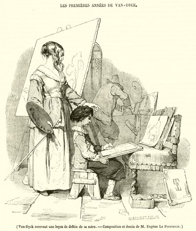 فان ديك يتلقى درس رسم من والدته (نقش) بواسطة المدرسة الفرنسية