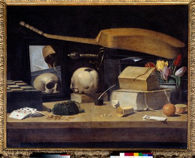 Vanitas Still Life (Vanite) مع أوراق اللعب والآلات والجمجمة. رسم المدرسة الفرنسية. القرن ال 17. الشمس 0،72x0،9 م بواسطة المدرسة الفرنسية