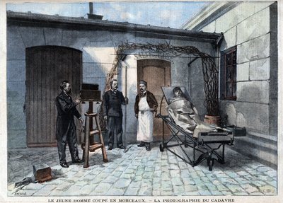 حقائق مختلفة: صورة الجثة مقطوعة إلى قطع بواسطة خدمة ألفونس بيرتيلون (1853-1914) ، عالم فرنسي ، مبتكر قياس الأنثروبومترية. - في "" Le Petitle Parisien "" بواسطة المدرسة الفرنسية