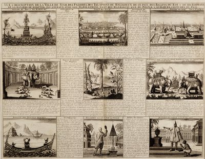 مناظر مختلفة لـ Siam و Ayutthaya ، من Du Royaume de Siam بواسطة Simon de la Loubere ، نُشر عام 1688 بواسطة المدرسة الفرنسية