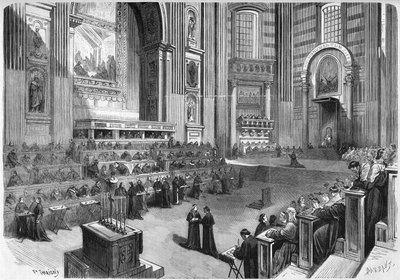 المجمع الفاتيكاني 1 (1869-1870): عقد الاجتماع الأول في 9 ديسمبر 1869 في الجزء الأيمن من كنيسة القديس بطرس في روما. نقش في "" Le Monde Illustré "" رقم 663 بتاريخ 25 ديسمبر 1869. بواسطة المدرسة الفرنسية