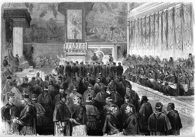 المجمع الفاتيكاني 1 (1869-1870): جمهور منبوذ في كنيسة سيستين في روما. استلم البابا بيوس التاسع (1792-1878) يمين سلسل الماريشال وموظفي المجلس. ديسمبر ١٨٦٩. نقش في "" Le Monde Illustré "" رقم 662 بتاريخ 19 Dece بواسطة المدرسة الفرنسية