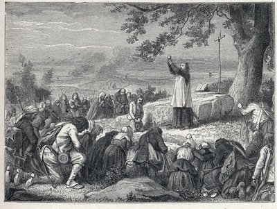 Vendee Wars (1793-1796): يُدرج الكاهن قداسًا تحت شجرة البلوط للسكان المتمردين الذين يرفضون الكهنة المحلفين. نقش من عام 1889. مجموعة خاصة. بواسطة المدرسة الفرنسية