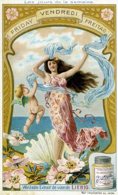 الزهرة توضح يوم الجمعة. بطاقة إعلان Liebig chromolithographic. بواسطة المدرسة الفرنسية