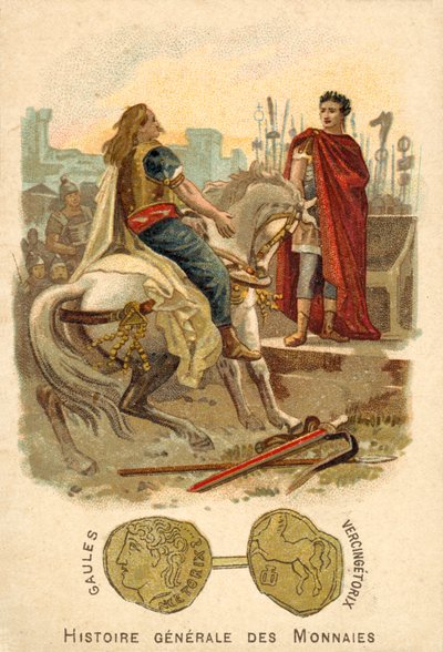 Vercingetorix submitting to Julius Caesar, 52 BC (chromolitho) بواسطة المدرسة الفرنسية