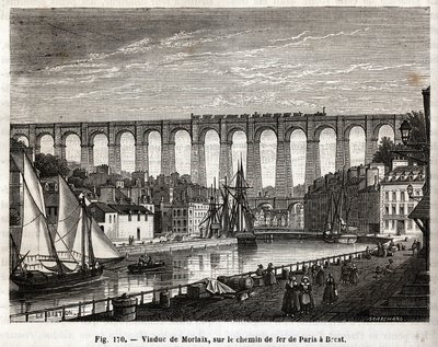 Viaduct de Morlaix ، على خط السكة الحديد من باريس إلى بريست (فرنسا). نقش ليبرتون ومارشاند ، في "" Les Merveilles de la Science "" للويس فيغير (1819-1894) ، إصدار Jouvet et Cie بواسطة المدرسة الفرنسية
