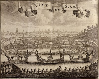 منظر لأيوثايا مع صنادل ملكية ، من رحلة سيام دي بيريس جيسويتس بقلم جاي تاكارد ، 1688 بواسطة المدرسة الفرنسية