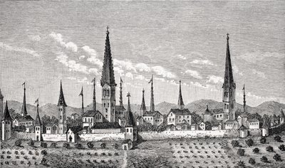 منظر لدورتموند ، بعد نقش نحاسي في "Theatrum Geographicum" بقلم بيرتيوس ، من "Le Moyen Age et la Renaissance" بواسطة Paul Lacroix (1806-84) نشر عام 1847 بواسطة المدرسة الفرنسية
