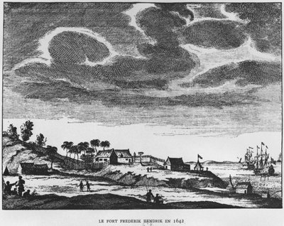 منظر لحصن فريدريك هندريك ، موريشيوس ، عام 1642 ، رسم توضيحي من Le Premier Etablissement Neerlandais a Maurice بواسطة الأمير رولاند بونابرت (1858-1924) 1890 بواسطة المدرسة الفرنسية