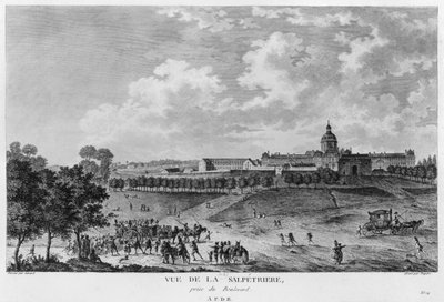 منظر ل Hopital La Salpetriere ، نقل المومسات ، باريس ، محفورة من قبل Duparc ، بعد رسم من قبل Savard ، c.1790 بواسطة المدرسة الفرنسية