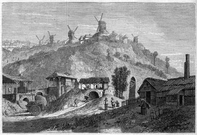 منظر لمونمارتر عام 1859 ، قبل الانضمام إلى مدينة باريس عام 1860. منظر مأخوذ من سهل سانت دينيس. نقش في "" Le Monde Illustré "رقم 141 بتاريخ 24 ديسمبر 1859. بواسطة المدرسة الفرنسية