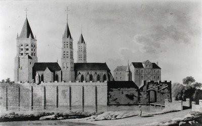 منظر لدير سان جيرمان دي بري في بداية القرن الخامس عشر (طباعة حجرية) (صورة بالأبيض والأسود) بواسطة المدرسة الفرنسية