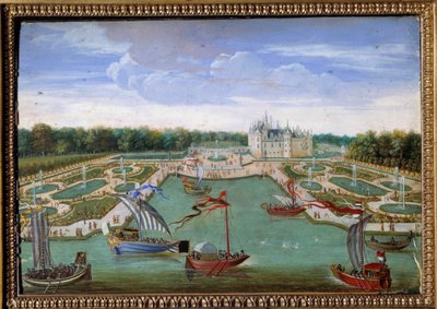 منظر لـ Chateau de Chantilly والأسرة مأخوذة من لوحة Vertugadin Anonymous من Ecole francaise. حوالي 1680. خافت. 0،26 × 0،34 م. شانتيلي ، متحف كوندي - منظر لقلعة شانتيلي ورواق من فيرتوجادين. لوحة مجهولة بواسطة المدرسة الفرنسية
