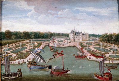 منظر لـ Chateau de Chantilly والأسرة مأخوذة من لوحة Vertugadin Anonymous من Ecole francaise. حوالي 1680. خافت. 0،26 × 0،34 م. شانتيلي ، متحف كوندي بواسطة المدرسة الفرنسية