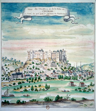 View of the Chateau de Chinon Watercolour from the French school. 1699 Paris, B.N. بواسطة المدرسة الفرنسية