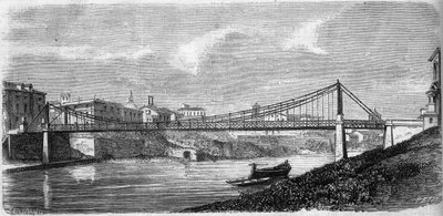 منظر لجسر القديس يوحنا على نهر التيبر (Tevere) في إيطاليا ، تم افتتاحه عام 1863. هذا الجسر الفولاذي صممه ألفونس أودري (1819-1869). نقش في "" Le Monde Illustré "" رقم 349 بتاريخ 19 ديسمبر 1863. بواسطة المدرسة الفرنسية