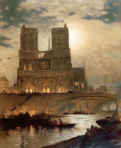 منظر للواجهة الغربية لكاتدرائية نوتردام ، باريس ، c.1840 بواسطة المدرسة الفرنسية