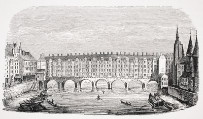 منظر ل Pont-au-Change القديمة ، من نقش `` تضاريس باريس &39;&39; ، من `` Le Moyen Age et La Renaissance &39;&39; بواسطة Paul Lacroix (1806-1884) المنشور عام 1847 بواسطة المدرسة الفرنسية
