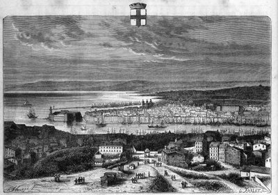 منظر لمدينة وميناء مرسيليا. نقش من عام 1880 في المجموعة الخاصة "La republique illustree". بواسطة المدرسة الفرنسية