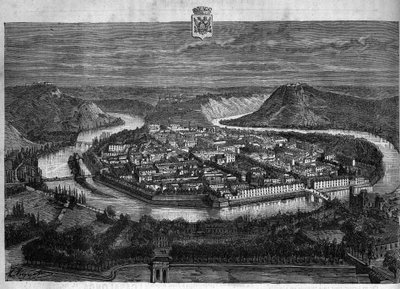 منظر لمدينة بيسانكون في دوبس. نقش من عام 1880 في المجموعة الخاصة "La republique illustree". بواسطة المدرسة الفرنسية