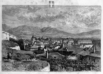 منظر لمدينة شامبيري في سافوي. نقش من عام 1880 في المجموعة الخاصة "La republique illustree". بواسطة المدرسة الفرنسية