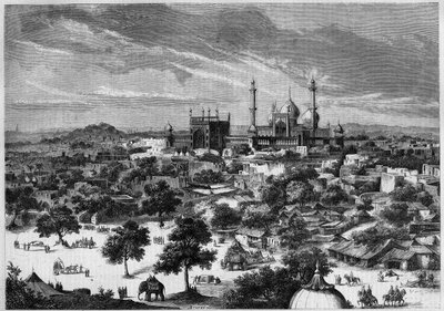 منظر لمدينة دلهي (الهند) عام 1857. من رسم تخطيطي للأمير أليكسيس سولتيكوف. نقش برتراند في "" Le Monde Illustré "" رقم 20 بتاريخ 29 أغسطس 1857. بواسطة المدرسة الفرنسية
