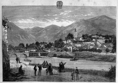 منظر لمدينة Digne في جبال الألب السفلى (جبال الألب السفلى). نقش من عام 1880 في المجموعة الخاصة "La republique illustree". بواسطة المدرسة الفرنسية