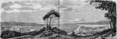 منظر لمدينة نيس عام 1860. نقش في "" العالم المصور "رقم 157 بتاريخ 14 أبريل 1860. بواسطة المدرسة الفرنسية