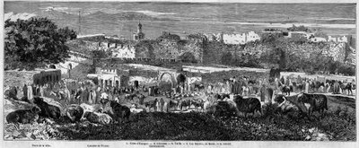 منظر لمدينة طنجة (المغرب) يوم المسيرة العربية. نقش في "" Le Monde Illustré "" رقم 129 بتاريخ 1 أكتوبر 1859. بواسطة المدرسة الفرنسية