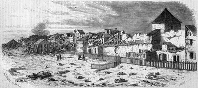 منظر لمقاطعة مدينة كاستريش ، في ماينز (ألمانيا) ، بعد انفجار برميل البارود عام 1857. من إحدى الصور الفوتوغرافية. نقش في "" Le Monde Illustré "" رقم 36 بتاريخ 19 ديسمبر 1857. بواسطة المدرسة الفرنسية