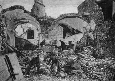 منظر لأطلال Chiese del Purgatorio ، التي دمرت خلال زلزال 1881 في جزيرة Ischia (إيطاليا). نقش كويسنيل في "" العالم المصور "" رقم 1254 بتاريخ 9 أبريل 1881. بواسطة المدرسة الفرنسية