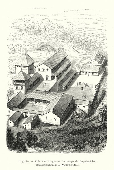 فيلا Merovingian من زمن Dagobert I ، إعادة بناء M Viollet-le-Duc (نقش) بواسطة المدرسة الفرنسية