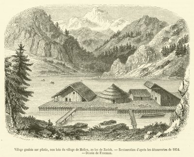 Village gaulois sur pilotis, non loin du village de Meilen, au lac de Zurich (engraving) بواسطة المدرسة الفرنسية