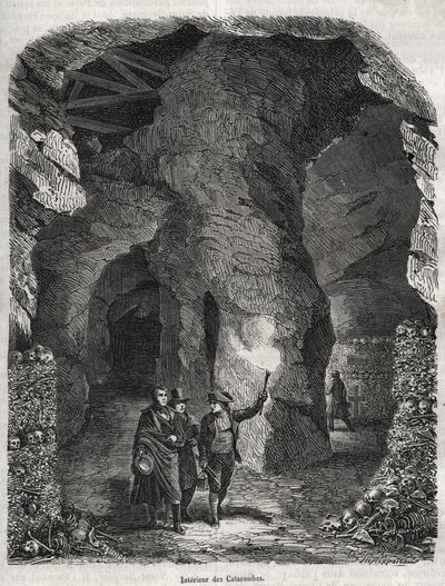 زيارة سراديب الموتى في باريس في القرن التاسع عشر - نقش في "" التاريخ المادي والمدني والأخلاقي لباريس: من أقدم العصور التاريخية إلى يومنا هذا "بقلم جاك أنطوان دولور بواسطة المدرسة الفرنسية
