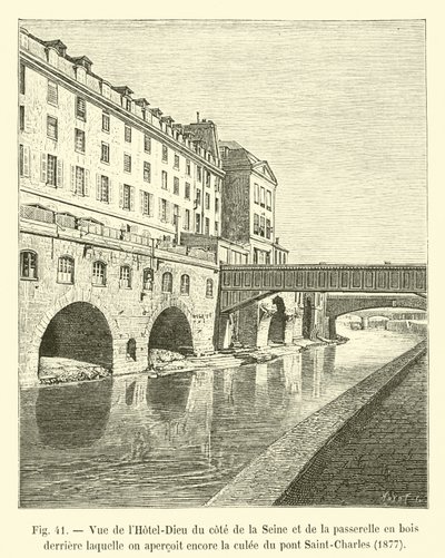 إطلالة على فندق Die-Dieu من جانب نهر السين والممر الخشبي الذي لا يزال بإمكانك من خلاله رؤية culee du pont Saint-Charles ، 1877 بواسطة المدرسة الفرنسية