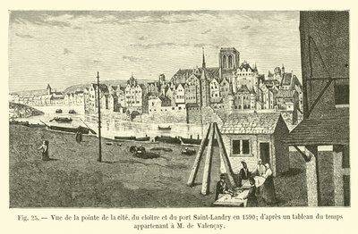 منظر لرأس المدينة ، الدير وميناء سان لاندري عام 1590 ؛ وفقًا لجدول زمني يخص M de Valencay بواسطة المدرسة الفرنسية