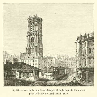 منظر لبرج سان جاك و Cour du Commerce ، مأخوذ من شارع des Arcis قبل عام 1830 بواسطة المدرسة الفرنسية