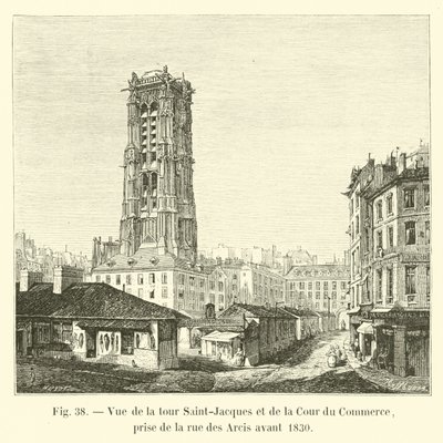 منظر لبرج سان جاك و Cour du Commerce ، مأخوذ من شارع des Arcis قبل عام 1830 بواسطة المدرسة الفرنسية