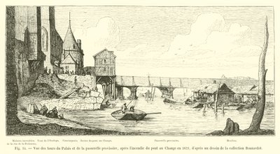 منظر لأبراج القصر والجسر المؤقت ، بعد الحريق في Pont au Change في عام 1621 ، بعد رسم من مجموعة بوناردوت بواسطة المدرسة الفرنسية