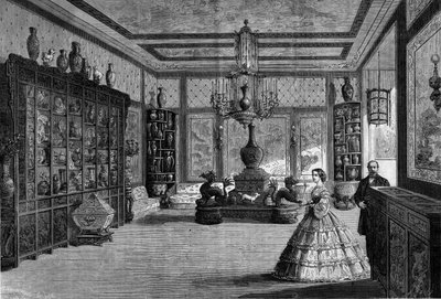 منظر للمتحف الصيني للإمبراطورة أوجيني دي مونتيجو ، الذي تم تركيبه عام 1863 في قصر فونتينبلو. نقش في "Le Monde Illustre" رقم 325 بتاريخ 4 يوليو 1863. بواسطة المدرسة الفرنسية