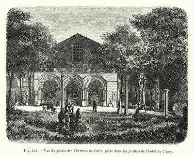 منظر لقصر Palais des Thermes de Paris ، تم التقاطه في حدائق فندق de Cluny (نقش) بواسطة المدرسة الفرنسية