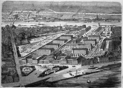 منظر خارجي لـ Hotel Dieu (Hotel-Dieu) في نانت ، تم افتتاحه عام 1863. تم تدمير هذا المستشفى بالكامل تقريبًا أثناء قصف عام 1943. Loire Atlantique (44). نقش في "Le Monde Illustre" رقم 347 بتاريخ 5 ديسمبر 1863. بواسطة المدرسة الفرنسية