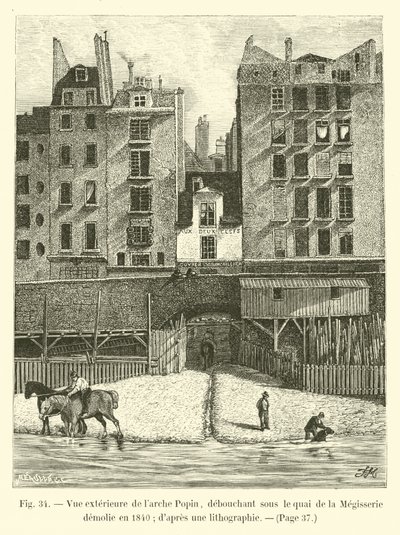 المنظر الخارجي لسفينة Popin ، الناشئة تحت رصيف Megisserie الذي هُدم عام 1840 ؛ من الطباعة الحجرية بواسطة المدرسة الفرنسية