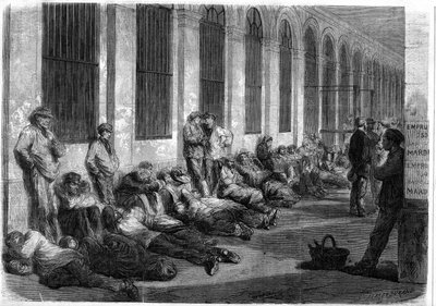 حرب 1870: الباريسيون يصطفون أمام وزارة المالية للاكتتاب في القرض الوطني لتمويل الحرب. مشهد يصور اليوم السابق لفتح النوافذ بواسطة المدرسة الفرنسية