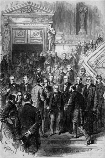 حرب 1870: تلقى رئيس المجلس أدولف تيير (1797-1877) تهنئة النواب على إطلاق سراحه من الجمعية الوطنية التي اجتمع شملها في بوردو في 19 فبراير 1871. وحصل لتوه على منصب حكومته. نقش في "" Le Mo بواسطة المدرسة الفرنسية