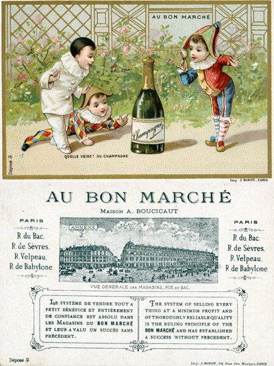 ما الحظ! زجاجة شمبانيا أمام وعكس بطاقة ترويجية لمتاجر Bon Marché في باريس ، c.1895 بواسطة المدرسة الفرنسية