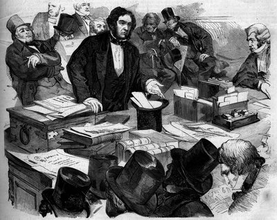 وليام إيوارت جلادستون (1809-1898) ، سياسي إنجليزي ، ومستشار المستشار ، يقدم الميزانية والتجارة في مجلس العموم. لندن، إنجلترا بواسطة المدرسة الفرنسية