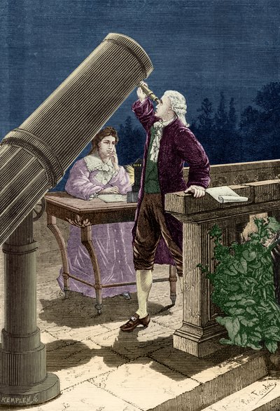 ويليام هيرشل (1738-1822) يكتشف كوكب أورانوس (نقش) بواسطة المدرسة الفرنسية