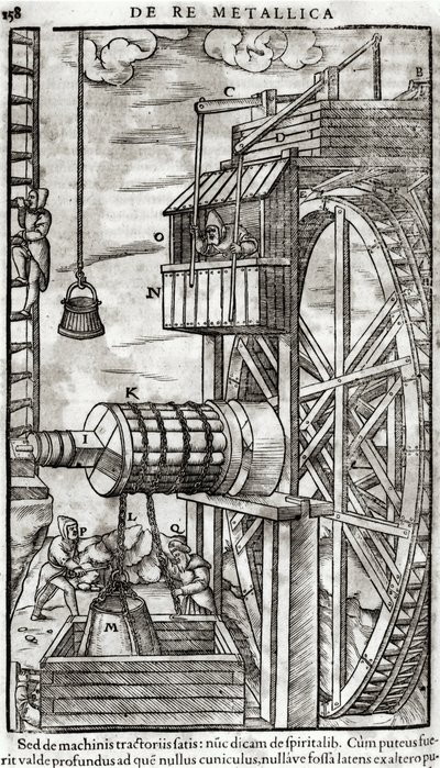 ونش للحصول على الماء من منجم ، رسم توضيحي من De Re Metallica بواسطة جورج باور (1494-1566) المعروف باسم أجريكولا ، 1561 بواسطة المدرسة الفرنسية