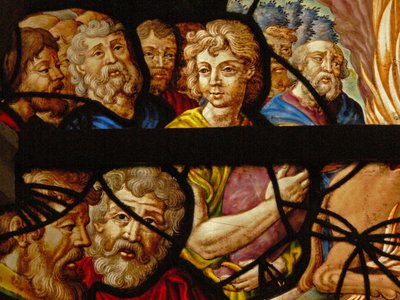 نافذة في شارنييه (w.8) تصور تفاصيل عن تضحية إيليا ؛ كهنة بعل بواسطة المدرسة الفرنسية